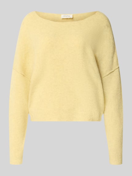 Produktfoto, Relaxed Fit Strickpullover aus Material-Mix mit Leinen-Anteil von American Vintage in Hellgelb, gerippte Abschlüsse, überschnittene Schultern, Rundhalsausschnitt, Damenpulli
