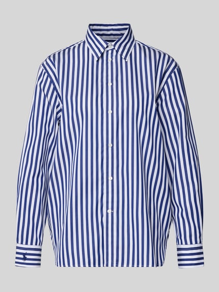 Produktfoto, Relaxed Fit Hemdbluse mit Logo-Stitching Modell 'Ligh' von Polo Ralph Lauren in Blau-Weiß gestreift, Reine Baumwolle, langärmelig, durchgängige Knopfleiste, Hemdblusenkragen, Sportmanschetten, Damen Hemdbluse, Rückenlänge 73 cm, Ärmellänge 57 cm