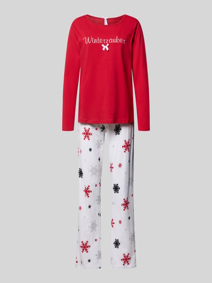 Produktfoto, Pyjama mit Schleifen-Detail Modell 'Winterzauber' von LOUIS & LOUISA, reine Baumwolle, Rot und Weiß, Loose Fit, Rundhalsausschnitt, Statement-Stitching, elastischer Bund, Schneeflockenmuster, Damen Pyjama