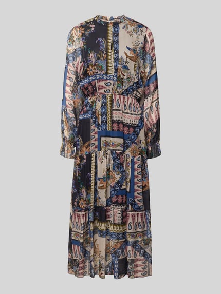 Produktfoto, Midikleid aus Viskose im Allover-Look von Milano Italy, Muster in Blau, Rosa und Beige, taillierter Schnitt, fließende Textur