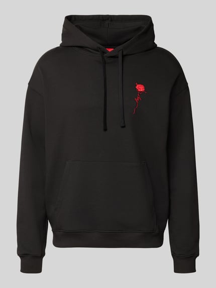 Produktfoto, schwarzer Regular Fit Hoodie aus reiner Baumwolle Modell 'Diflowhood' von HUGO mit rotem Rosenmotiv, glatte Textur