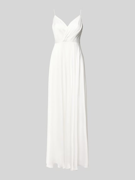 Produktfoto, Abendkleid mit V-Ausschnitt und Spaghettiträgern von Laona aus weißem Satin, A-Linie, Maxikleid, fließende Textur.