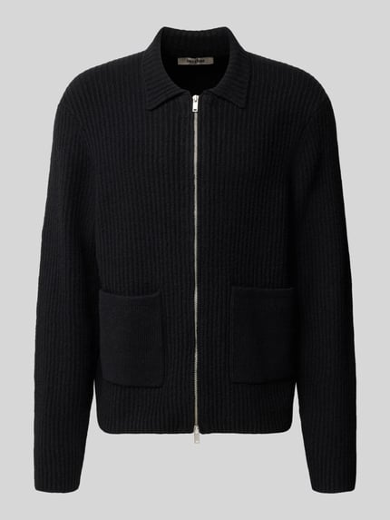 Produktfoto, Strickjacke mit Zweiwege Reißverschluss von ONLY & SONS in Schwarz, Rippstrick, Struktur, Kragen, aufgesetzte Taschen, unifarben
