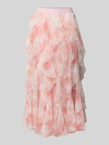 Produktfoto, A-Linien Maxi-Rock mit Rüschenbesatz Modell 'SKY' von Only in Florales-Allover-Muster, Rüschenbesatz, Tüll, Volant-Saum, Bundabschluss elastisch, sanfte Rosa- und Beigetöne