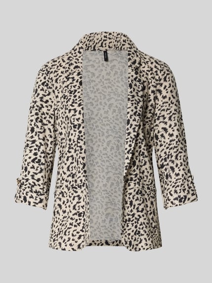 Productfoto, Loose Fit Kurzblazer aus Viskose-Leinen-Mix Modell 'JESMILO' van Vero Moda, beige met zwart effen dessin, reverskraag, 3/4-mouw met vaste omslag, paspelzakken, flammégaren textuur
