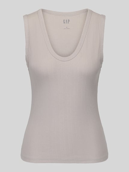 Produktfoto, beige slim fit top van mix van katoen van GAP, fijn ribstructuur, Dames top