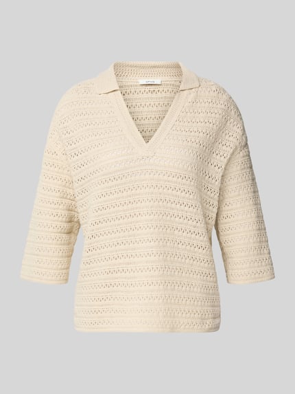 Produktfoto, kremowy Strickpullover mit V-Ausschnitt und 3/4-Arm Modell 'Garakino' von OPUS, czysta bawełna, krój relaxed fit, polokrag, tekstura ażurowa