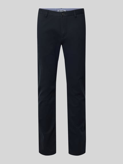 Produktfoto, Schmale Chino mit gerader Silhouette und mittlerer Bundhöhe von REVIEW, Mix van katoen en elastaan, slim fit, heren, achterzakken, bandwijdte maat M 43 cm, binnenbeenlengte maat M 81 cm