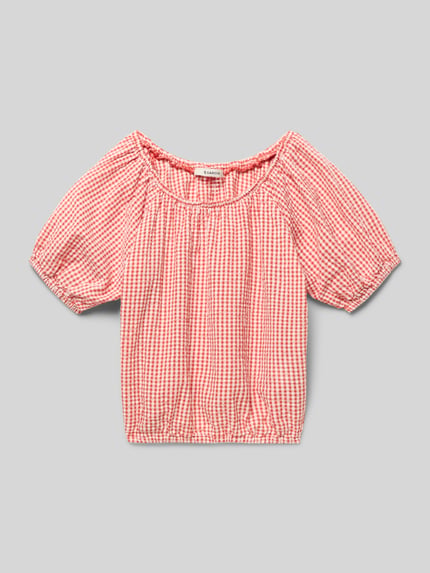 Produktfoto, Bluse mit elastischem Bund von Garcia, krój regular fit, okrągły dekolt, rękaw o dł. 1/2, tekstura w kratkę, długość tyłu w rozmiarze 140: 35 cm, długość rękawa w rozmiarze 140: 23 cm