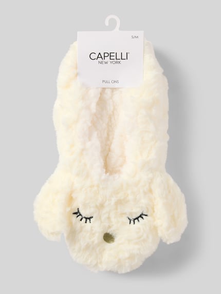 Produktfoto, Hausschuhe aus Kunstfell in Schlupfform von CAPELLI NEW YORK, flauschige Oberfläche, cremefarben, Anti-Rutsch-Sohle, Damen Hausschuhe