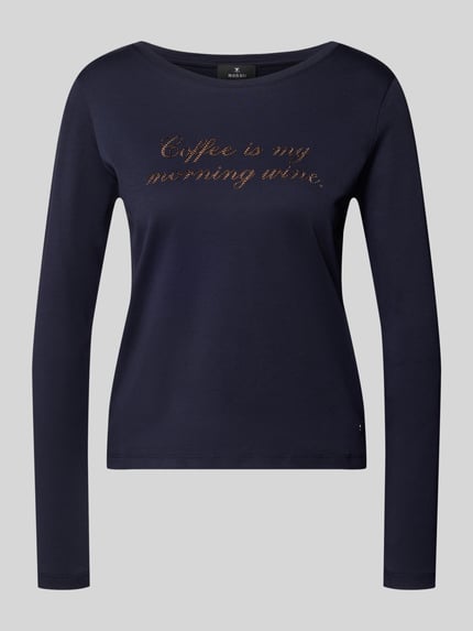 Produktfoto, Regular Fit Longsleeve aus reiner Baumwolle mit Paillettenbesatz von monari in Dunkelblau, Rundhalsausschnitt, Damenmode, klare Linien, glatte Textur, Rückenlänge 53 cm bei Größe 36