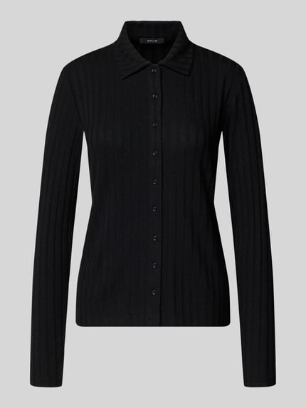 Produktfoto, Cropped Langarmshirt mit durchgehender Knopfleiste Modell 'Sitami' von OPUS in schwarzer Melange-Strickoptik mit Struktur und Zierknöpfen, Rippstrick, Feinstrick