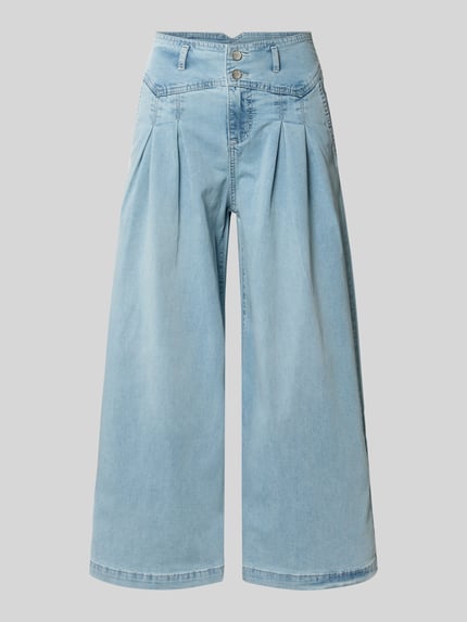 Productfoto, Palazzo-jeans met achterzakken model 'Liv' van Buena Vista, dames jeans in lichtblauw, mix van katoen en lyocell, wijd been, knoopsluiting, bandwijdte maat S 37 cm, binnenbeenlengte 63 cm