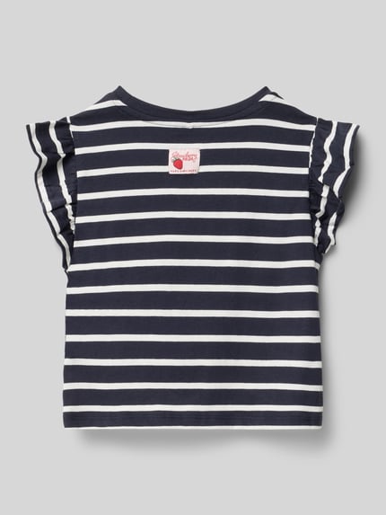 Produktfoto, Regular Fit T-Shirt aus reiner Baumwolle Modell 'KALINKA' von Only, ciemnogranatowe z białym wzorem w paski, krój regular fit, okrągły dekolt, krótkie rękawy, detal z węzłem, miękka tekstura jersey, materiał bawełniany