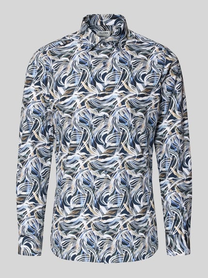 Produktfoto, Slim Fit Businesshemd aus Baumwolle mit Kentkragen von OLYMP Level Five, abstraktes blau-beiges Muster, Knopfleiste, Reine Baumwolle. Rückenlänge 80 cm, Schulterbreite 44 cm, Ärmellänge 67 cm bei Größe 40.