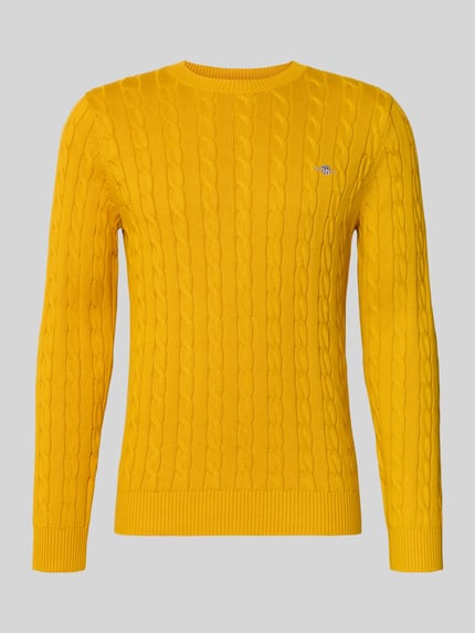 Produktfoto, Pullover mit Logo-Stickerei von GANT in Gelb mit Zopfmuster, unifarben, Regular Fit, Crew Neck, Strickmaterial