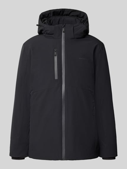 Produktfoto, Regular Fit Jacke mit Logo-Print van Lindbergh in zwart met elastische materiaalmix, capuchon met tunnelkoord, logoprint, Napoleonzak, Ruglengte maat M: 74 cm, schouderbreedte: 46 cm, borstwijdte: 42 cm, mouwlengte: 62 cm