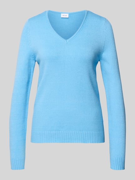 Produktfoto, Regular Fit Longsleeve aus Viskose in Strick-Optik Modell 'Viril' von Vila, hellblau, V-Ausschnitt, elastische Abschlüsse, Damenmode
