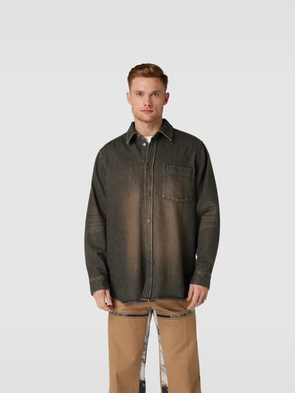 WOOD WOOD Koszula jeansowa o kroju regular fit z brustaszą Ciemnobrązowy melanż 4