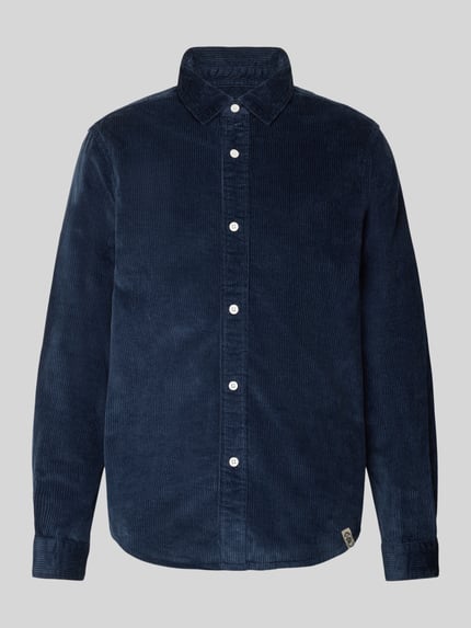 Produktfoto, Regular Fit Hemdjacke aus Cord mit Kentkragen von Superdry in Dunkelblau, reine Baumwolle, sichtbare Knopfleiste, Label-Detail