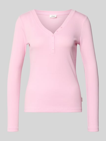 Produktfoto, Slim Fit Shirt met lange mouwen met sierknoopsluiting van s.Oliver RED LABEL, gemêleerde look, rib, V-hals, dames
