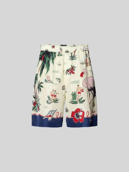 Produktfoto, Seidenshorts aus reiner Seide von Dsquared2, Herren, Lockere Passform, Elastischer Bund, glänzende Optik, Innenbeinlänge 21 cm, Bundweite 37 cm, farbenfrohes Muster mit Palmen, Flamingo und Blüten auf cremefarbenem Grund, blaue Bordüre am Saum.