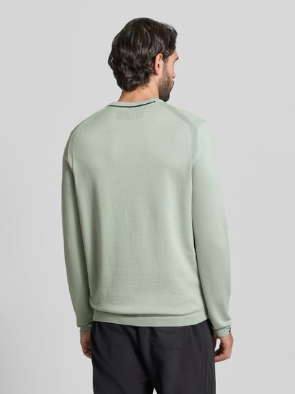 Männermodel trägt Regular Fit Strickpullover aus reine katoen Modell 'EVER-X' van BOSS Green, unikleurig, geribde boorden, langemouw, ganzkörperansicht rückansicht.