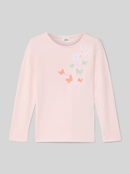 Produktfoto, Regular Fit Langarmshirt aus Baumwoll-Mix von s.Oliver RED LABEL in zartem Rosa, unifarben, mit Schmetterlings-Pailletten und Effektgarn, Rundhalsausschnitt, langarm, Webware