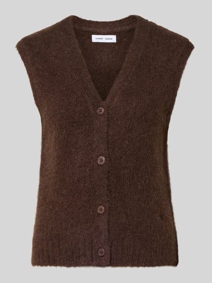 Produktfoto, braune Weste aus Alpaka-Mix mit V-Ausschnitt Modell 'JEANNE' von Samsøe Samsøe, Knopfleiste, Regular Fit, weiche Textur