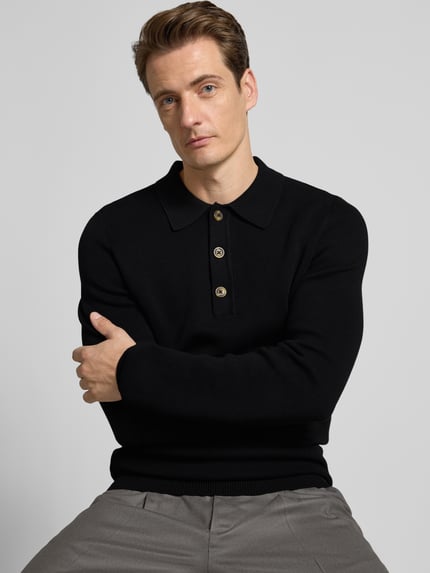 Casual Friday Sweter z dzianiny z kołnierzykiem polo model ‘ABEL’ Czarny 3