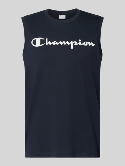 Productfoto, Top met Logo en ronde hals van CHAMPION in donkerblauw, katoenmix, regular fit, logoprint op borst, ruglengte maat M: 69 cm