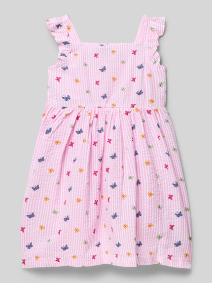 Produktfoto, Regular Fit Kleid mit Rüschenbesatz von Blue Seven, bawełna, krój regular fit, nadruk w motyw, bez rękawów, fason z zakładkami, długość pleców w rozmiarze 116: 16 cm, różowe, kolorowe wzory, lekka faktura tkaniny
