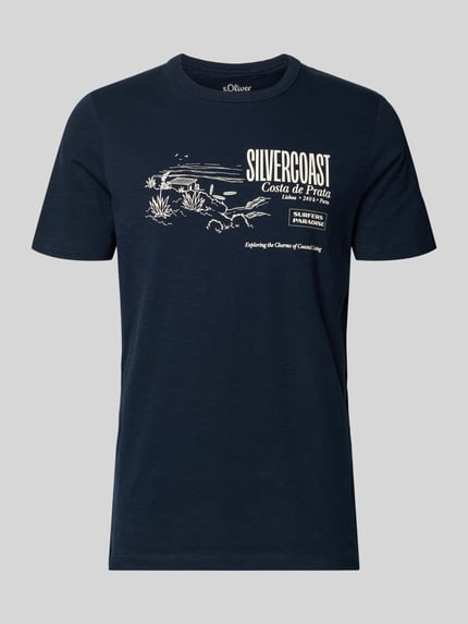 Produktfoto, Regular Fit T-Shirt aus reiner Baumwolle von s.Oliver RED LABEL, granatowe, jednokolorowe, krój regular fit, motyw nadruk, krótki rękaw, bawełna
