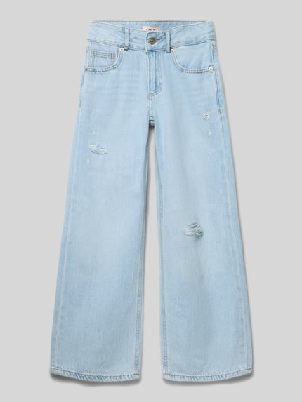 Produktfoto, Regular Fit Wide Leg Jeans uit puur katoen model 'KOGMOTT' van Only, lichte denim in used-look, label in reliëf, 5-pocketmodel, verstelbare taillewijdte, riemlussen, haakjes- en ritssluiting, denim materiaalverwerking, kinderen