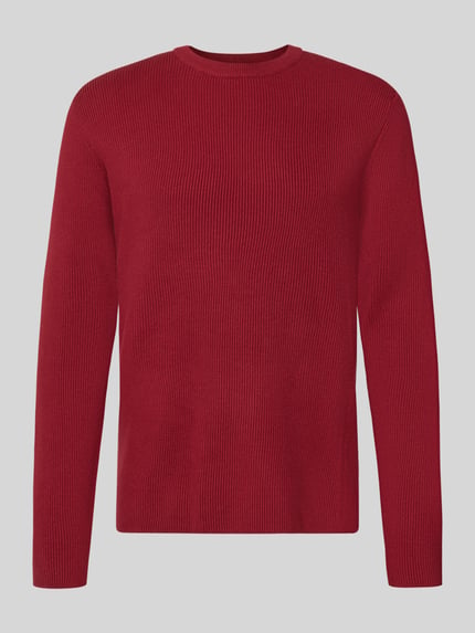 Produktfoto, Slim Fit Strickpullover Baumwoll-Mix von Lindbergh in Rot, gerippte Optik, Rundhalsausschnitt, lange Ärmel, Herrenmode