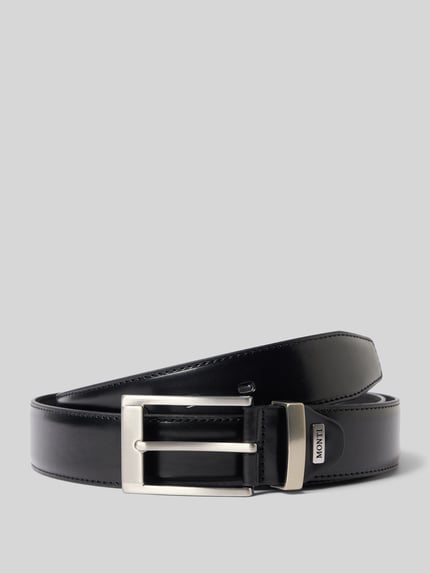 Productfoto, zwarte leren riem met klassieke doornsluiting, labeldetail, model 'GRAZ' van Monti, breedte 125 cm, herenaccessoire.