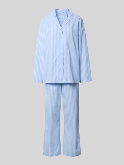 Produktfoto, Comfort Fit Pyjama Set aus reiner Baumwolle Modell 'Classic Long Pyjama Set C' von Seidensticker im Damenbereich, hellblau mit weißen Streifen, glatte Textur