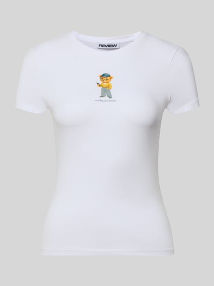 Produktfoto, Slim Fit T-Shirt mit Logo-Print Modell 'Sweet' von Review, weißer elastischer Baumwoll-Mix, Rundhalsausschnitt, glatte Struktur