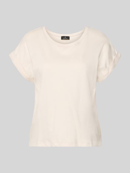 Produktfoto, T-Shirt mit fixiertem Ärmelaufschlag van monari in effen wit, rechte fit, ronde hals, puur katoen, labeldetail, ruglengte 56 cm