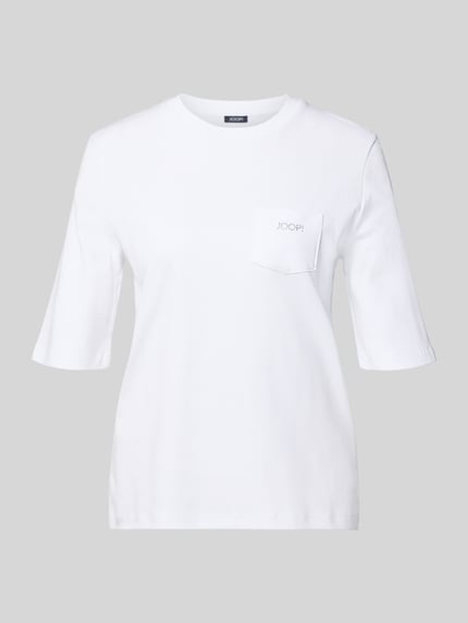 Produktfoto, Regular Fit T-Shirt mit borstzak model 'Tonja' van JOOP!, puur katoen, halflange mouwen, logodetail, met strass-steentjes, ronde hals, ruglengte maat 36: 60 cm, wit, gladde textuur