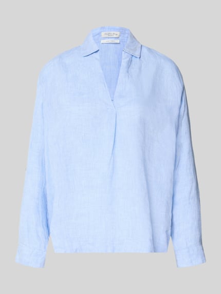 Produktfoto, Regular Fit Leinenbluse mit V-Ausschnitt von Christian Berg Woman in Hellblau, reine Leinenstruktur, Hemdblusenkragen, lange Ärmel