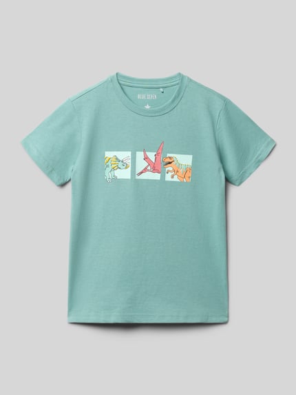 Produktfoto, dziecięcy t-shirt Regular Fit T-Shirt mit Allover-Motiv-Print von Blue Seven z bawełny, krój regular fit, nadruk z motywem na całej powierzchni, okrągły dekolt, długość tyłu w rozmiarze 116: 47 cm, kolor miętowy, prosty fason, gładka tekstura