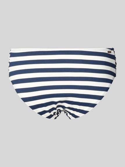 Produktfoto, Mid Waist Bikini-Slip mit Label-Detail Modell 'Yadbor' von Barts, Material-Mix mit Stretch-Anteil, blau-weiß gestreift, seitliche Raffungen, Rückseite