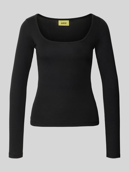 Produktfoto, zwart shirt met lange mouwen van katoenmix met stretch, nauwsluitend model, model 'STAR' van JJXX, u-hals, dames