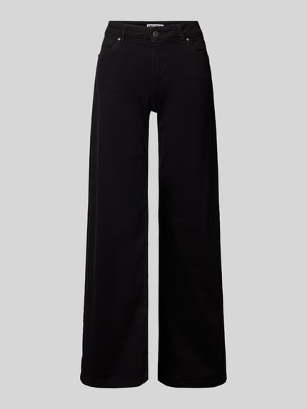 Productfoto, Wide-Leg-Jeans mit mittelhohem Bund in schwarz van Review, katoenmix met stretch, los vallende pasvorm, 5-pocket-design, knoop- en ritssluiting, damesmode.