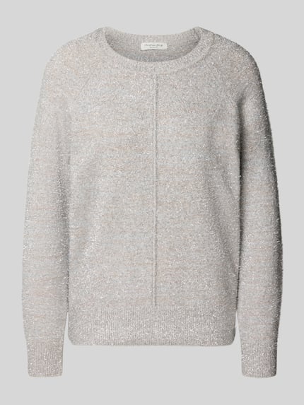 Produktfoto, Relaxed Fit Strickpullover mit Rundhalsausschnitt von Christian Berg Woman in meliertem Hellgrau, Ziernaht, elastische Abschlüsse