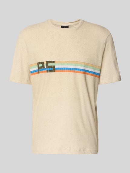 Produktfoto, Regular Fit T-Shirt mit Leinen-Anteil von PAUL SMITH im Baumwoll-Mix, beige Farbe, Logo-Print, Rundhalsausschnitt, kurze Ärmel.