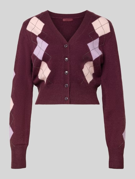 Produktfoto, Regular Fit Strickjacke aus Baumwoll-Mix Modell 'GRACIE' von GUESS, Karo-Muster in Lila und Creme, Knopfleiste, Damenmode