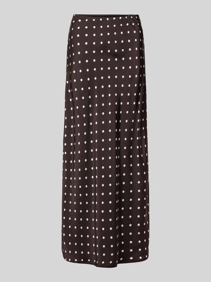 Produktfoto, Maxirock aus Satin im Allover-Look Modell 'VISO DOT' von Neo Noir in Dunkelbraun mit weißen Punkten, A-Linien-Form, glatte Textur.