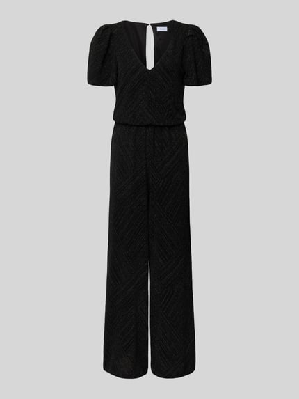 Produktfoto, schwarzer Jumpsuit mit V-Ausschnitt von Vila, Modell 'zoe', lockerer Schnitt, Schlüsselloch-Ausschnitt, strukturierte Textur